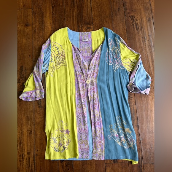 Soft Surroundings Womens M Carnival Batik Topper Tunic Blue Green Boho FLAWS* - Picture 2 of 12